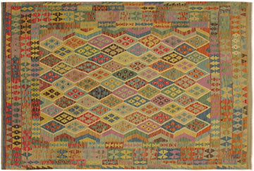 Flat Weave Kilim, Antique, Navaho, Vintage, Handmade, Geometric Kilim Blue Beige Hand-Woven Rectangle 100% Wool Area Rug 7 x 10